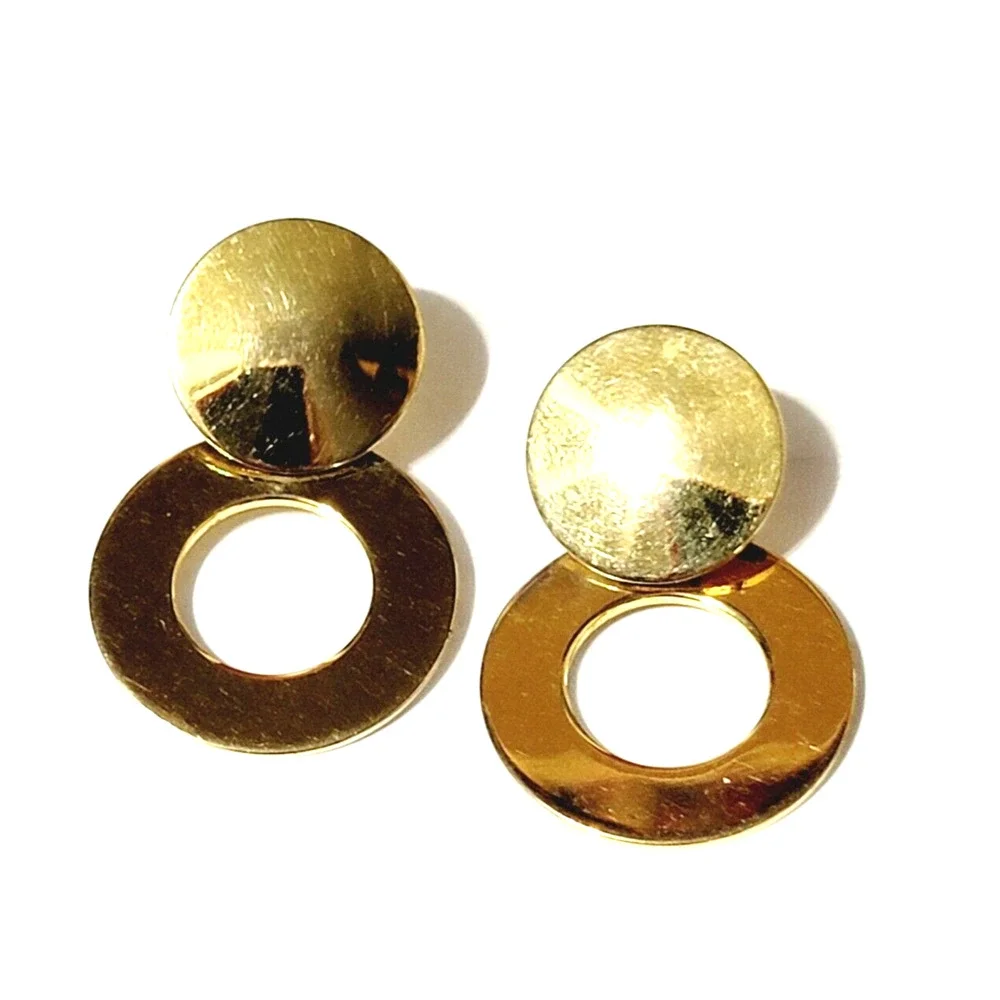 Double Circle‎ Dangle Pierced Earrings, 1.5” Shiny Gold-tone Retro Jewelry gp-4